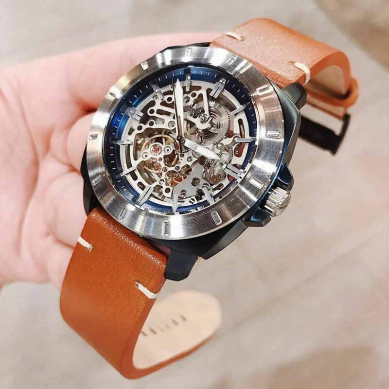 Fossil BQ2427 Orologio Da Uomo Privateer Sport – 45 Mm, Quadrante Trasparente, Movimento Automatico, Cinturino In Pelle